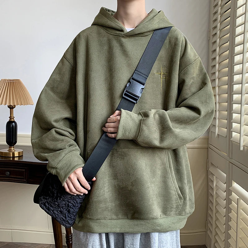  Men'S Streetwear Vintage Embroidered Suede Hooded Sweatshirt High Quality Hoodie Fashion Hip Hop Unisex Pullover Y2K Clothe